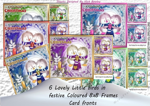  6 little birds  in winter scarf in festive frames 8x8 card fronts mini kit
