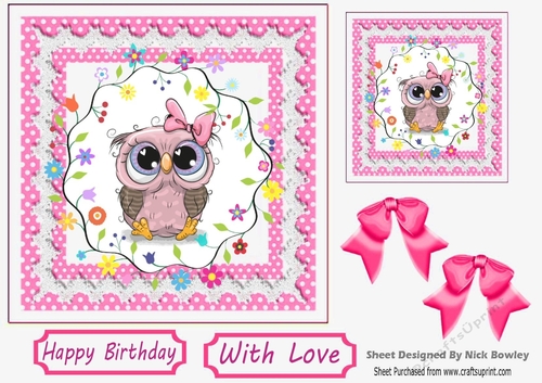 Cute owl with flowers in pink polkadot and lace 7x7 frame 