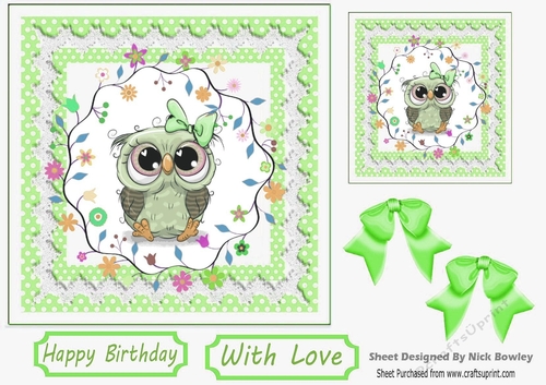 Cute owl with flowers in green polkadot and lace 7x7 frame