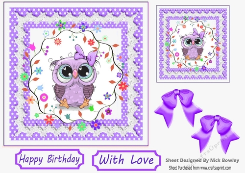 Cute owl with flowers in purple polkadot and lace 7x7 frame