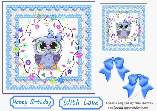 Cute owl with flowers in blue polkadot and lace 7x7 frame