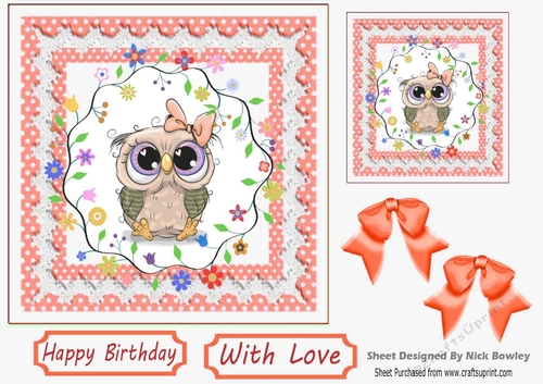 Cute owl with flowers in peach polkadot and lace 7x7 frame