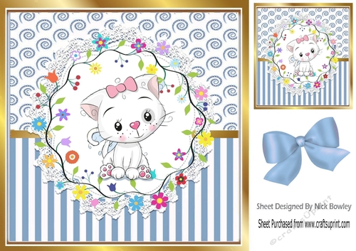 Cute white kitten in blue stripe ornate frame 8x8 