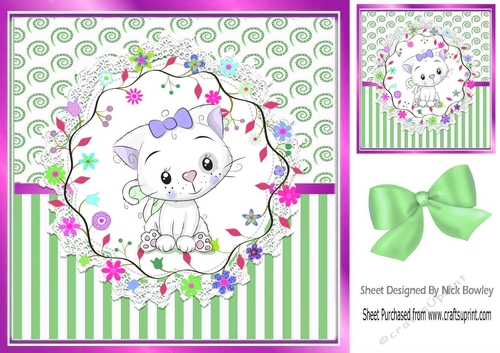 Cute white kitten in green stripe ornate frame 8x8