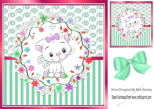 Cute white kitten in pink with stripe ornate frame 8x8