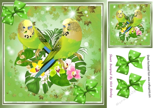 Cute green budgies with polkadot bows 8x8 (two)