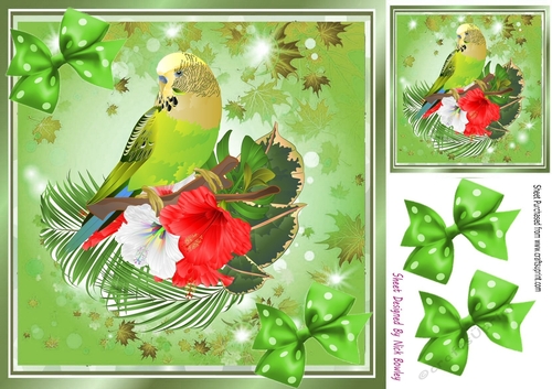 Cute green budgie with flowers and polkadot bows 8x8 (three)