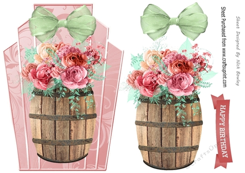 Art Deco topper with pretty flowers in a barrel