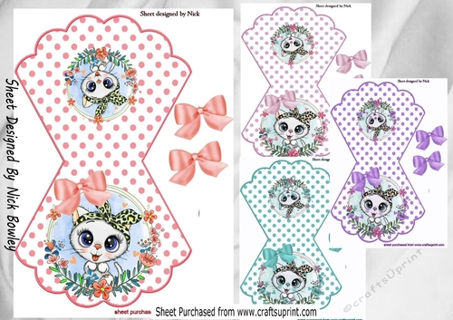  4 White kittens with bows on polkadot rocker cards mini kit