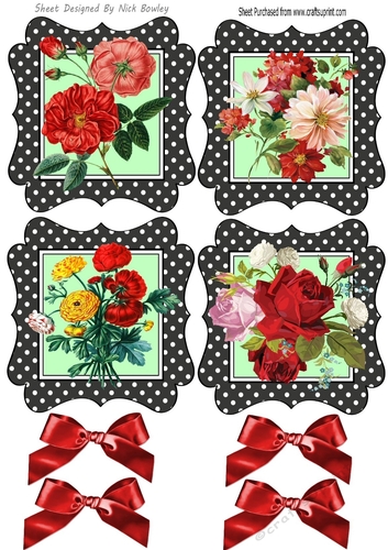 4 Lovely black/white toppers of roses and flowers with bows