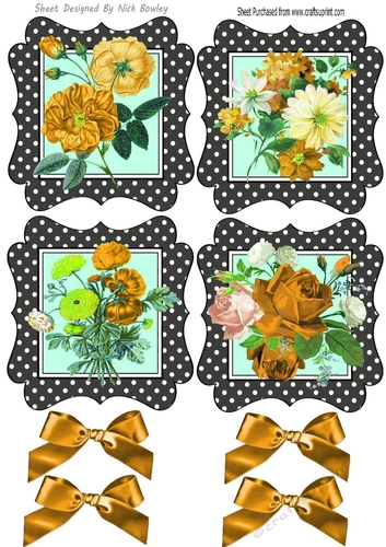4 Lovely black/white toppers of roses and flowers with gold bows