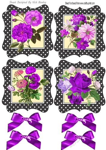 4 Lovely black/white toppers of roses and flowers with purple bows