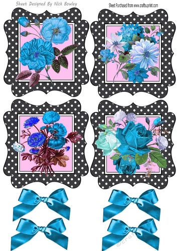 4 Lovely black/white toppers of roses and flowers with turq bows