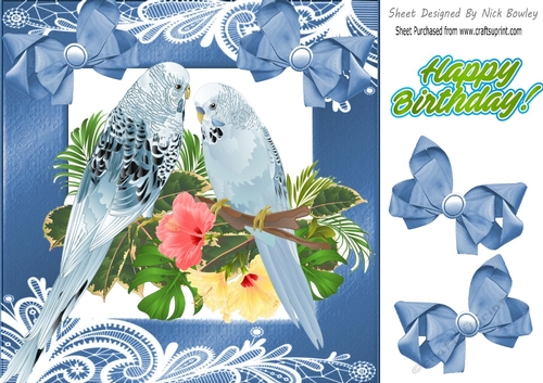 Pretty Blue Budgies with flowers and bows 8x8