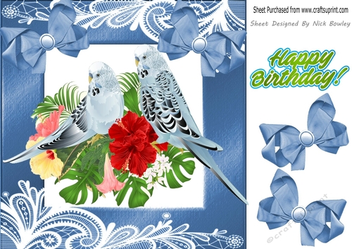 Pretty Blue Budgies on a branch with flowers and bows 8x8