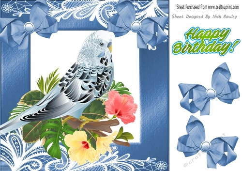 Pretty Blue Budgie on a branch with pink flowers and bows 8x8