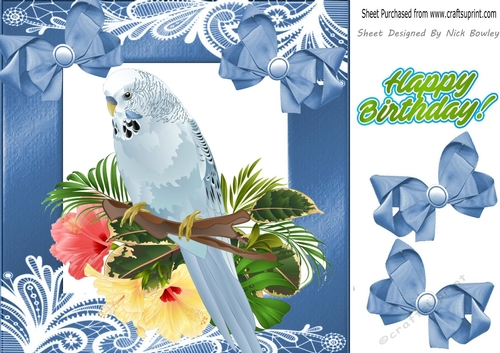Pretty Blue Budgie on a branch with pink/yellow flowers and bows 8x8