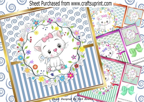  4 Cute white kittens in stripe ornate frame card fronts 8x8 mini kit