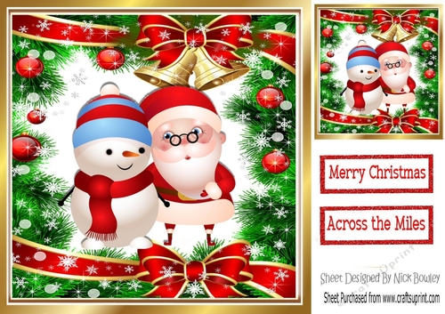Lovely toon santa hugging a snowman in festive 8x8 frame