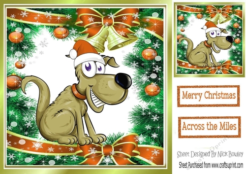 Christmas toon puppy in santa hat in festive frame 8x8 (orange)
