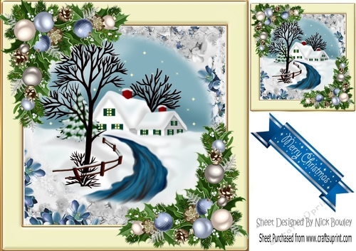 Lovely snowscene with cottage and blue baubles 8x8
