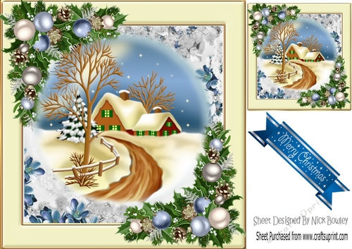 Lovely snow scene with cottage and blue baubles 8x8 (two)