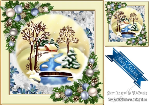 Lovely snow scene with cottage, stream and blue baubles 8x8 (one)
