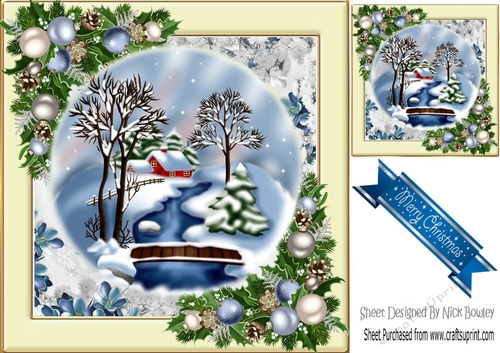 Lovely snow scene with cottage, stream and blue baubles 8x8 (two)