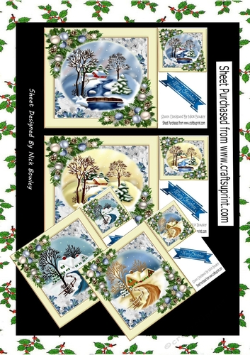  4 Lovely snow scenes with cottages, stream and blue baubles 8x8  mini kit