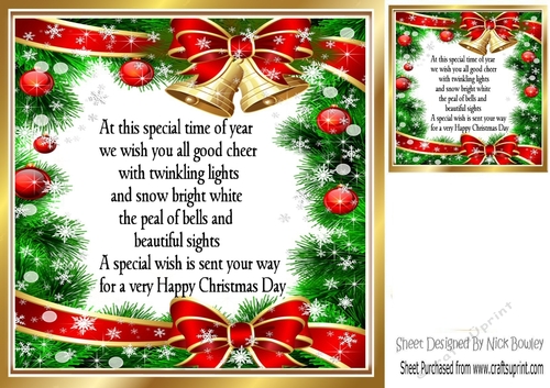 Red Bow and bells festive card front/insert with verse 8x8 (one)