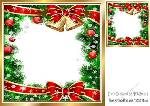 Red Bow and bells festive card front/insert 8x8 (two)