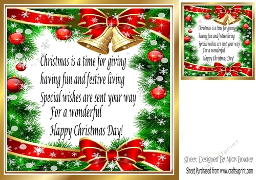 Red Bow and bells festive card front/insert 8x8 (three)