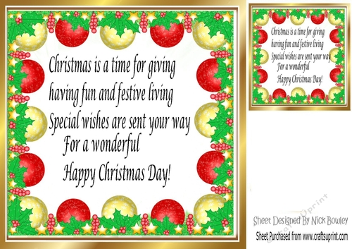 Red/Gold Baubles festive 8x8 frame card front/insert with verse (three)