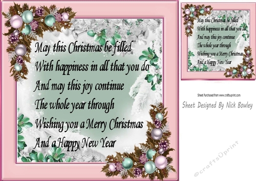 Winter pink  with baubles verse card front/insert 8x8 (three)