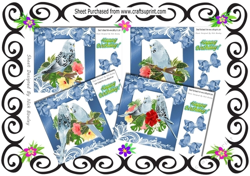  4 Pretty Blue Budgies with flowers and bows card fronts 8x8 Mini Kit