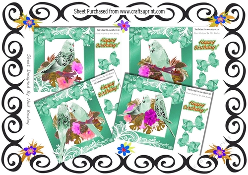4 Pretty turq Budgies with flowers and bows card fronts 8x8 Mini Kit