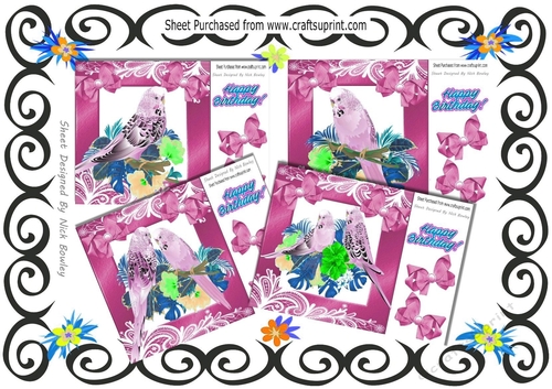 4 Pretty pink Budgies with flowers and bows card fronts 8x8 Mini Kit