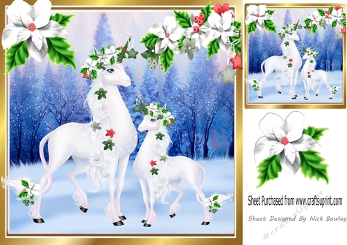 Magical blue snow scene with unicorns with flowers 8x8