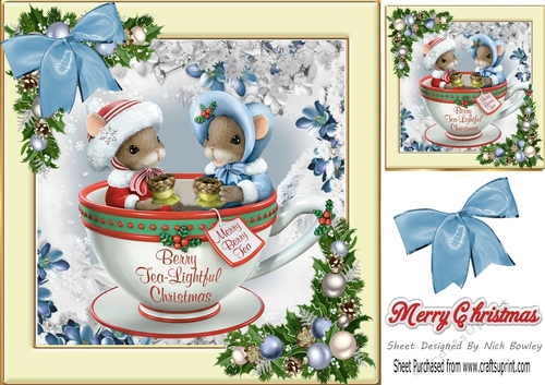 Cute mice in a teacup in festive frame with bow & baubles 8x8