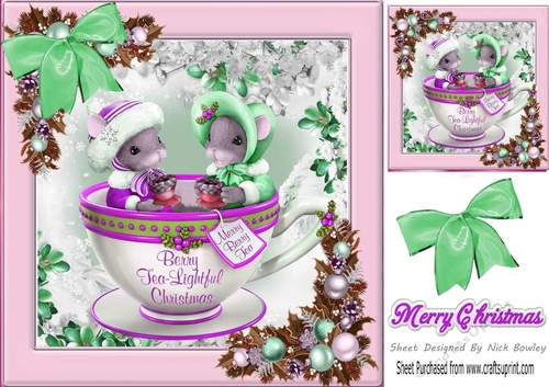 Cute mice in a teacup in festive pink frame with green bow & baubles 8x8