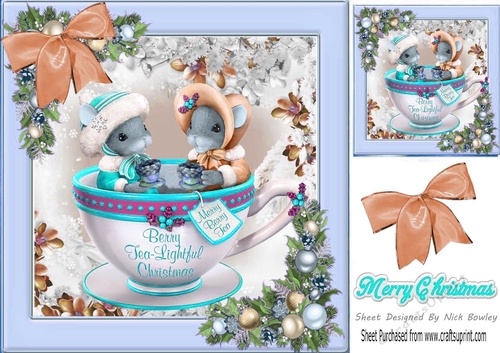 Cute mice in a teacup in festive frame with peach bow & baubles 8x8