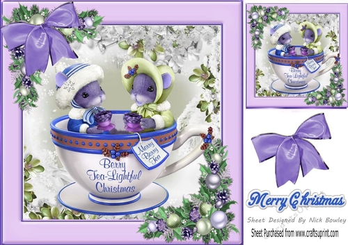Cute mice in a teacup in festive frame with purple bow & baubles 8x8
