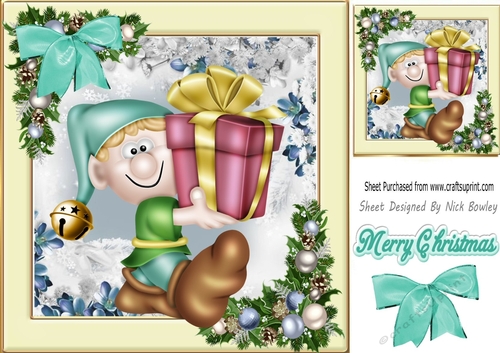 Santas helper carrying presents in festive frame 8x8