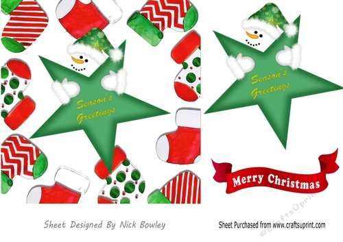 Jolly snowman holding green festive star 7x7