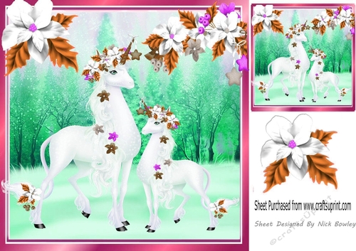 Magical snow scene with unicorns with flowers 8x8