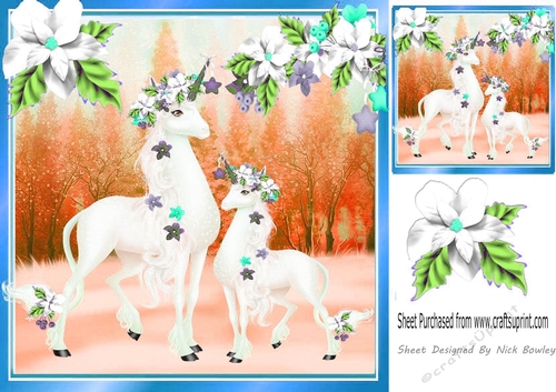 Magical snow scene with unicorns with flowers 8x8 (blue)