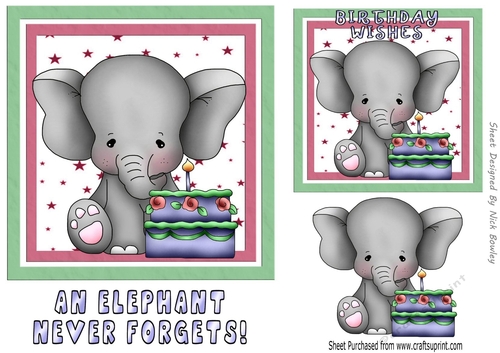 Cute birthday ele with cake and stars 7x7
