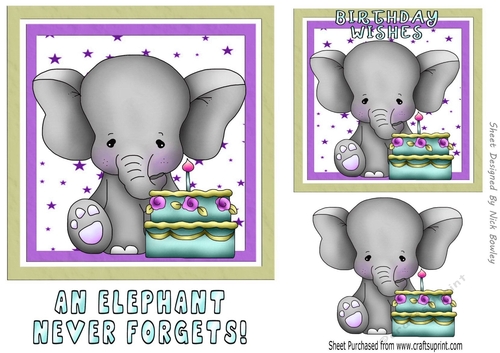 Cute birthday ele with cake and stars 7x7 (purple)