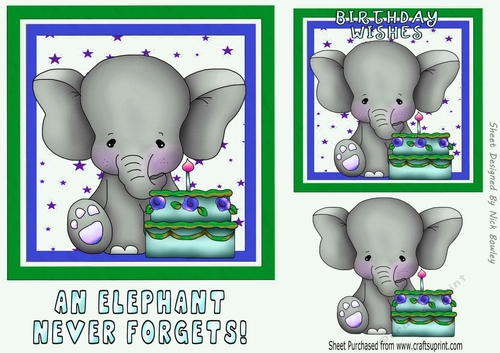 Cute birthday ele with birthday cake and stars 7x7  (green)