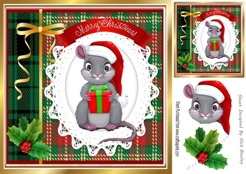 Cute christmas mouse in festive tartan frame with holly 8x8